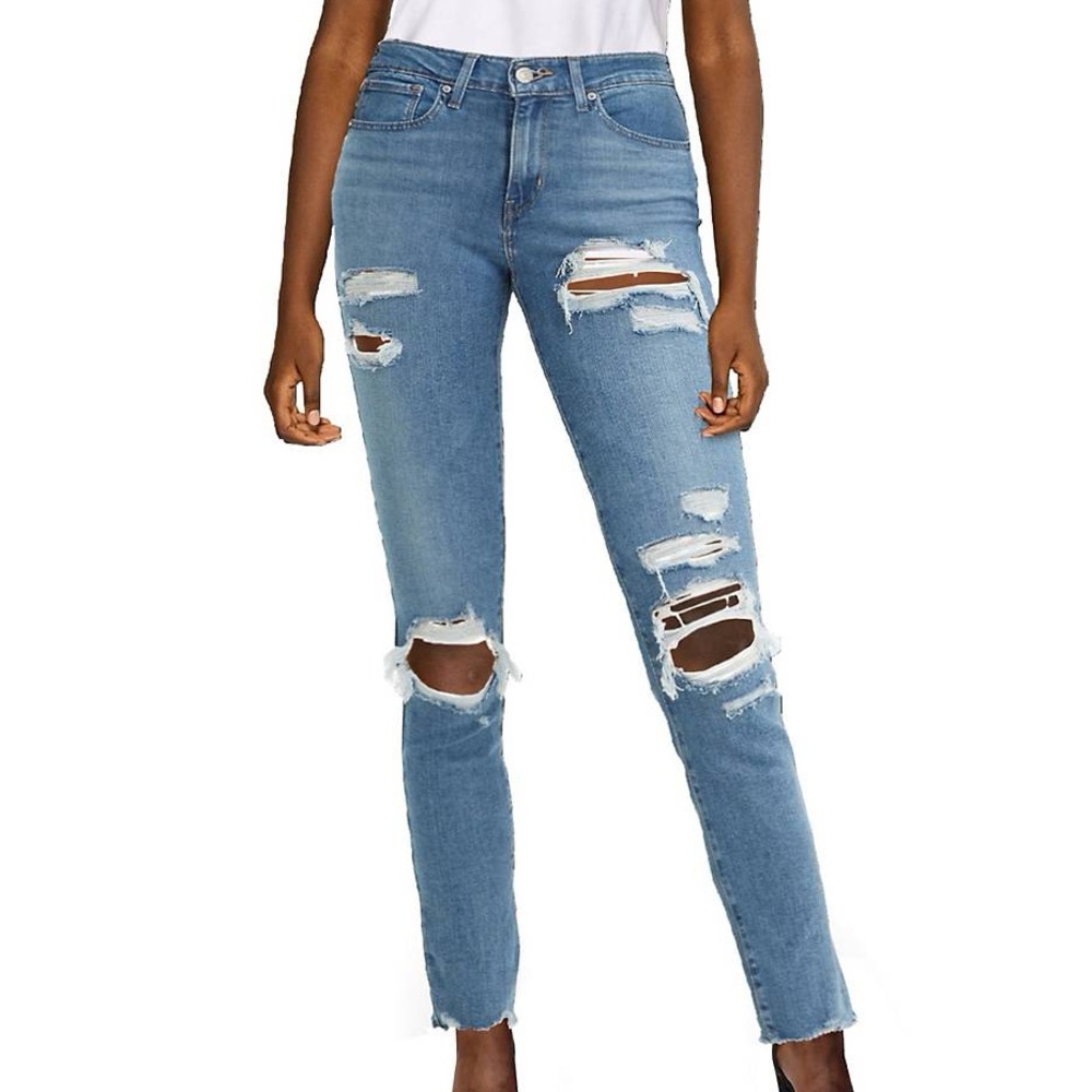 Levi’s 721 High Rise Skinny raw hem blue wash distressed sz 26 EUC